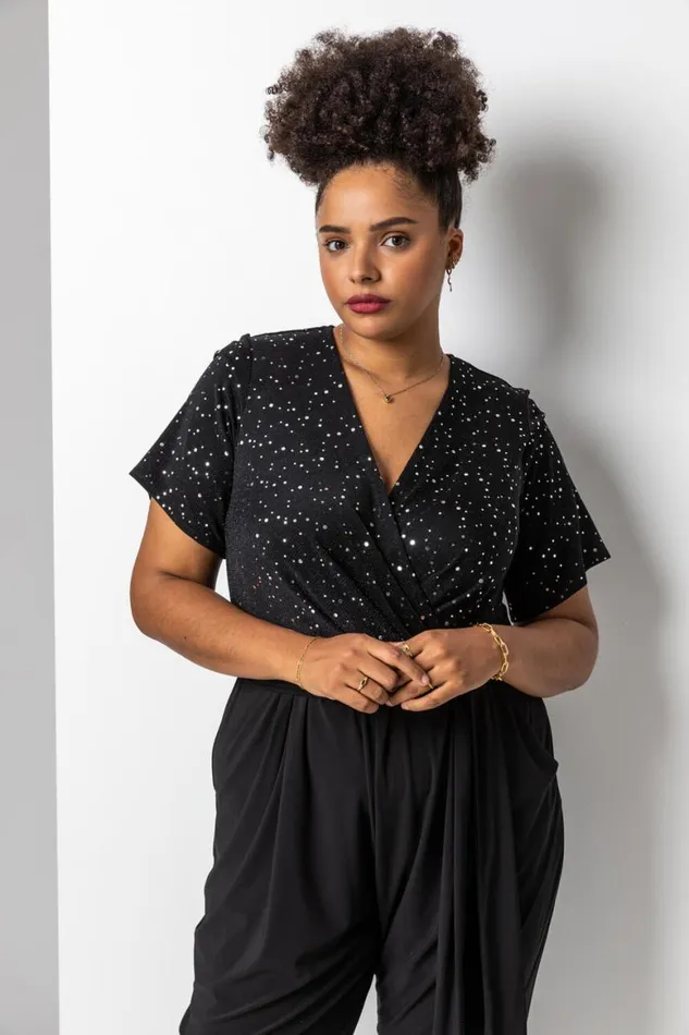 Women Silver Curve Sparkle Wrap Jumpsuit Roman Dresses