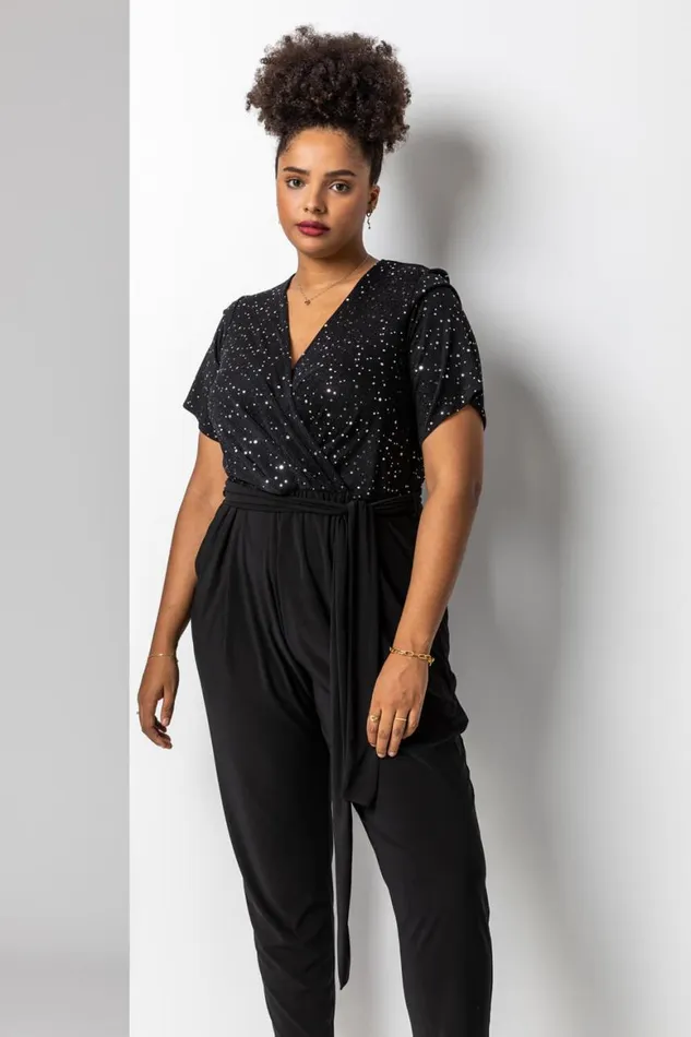 Women Silver Curve Sparkle Wrap Jumpsuit Roman Dresses