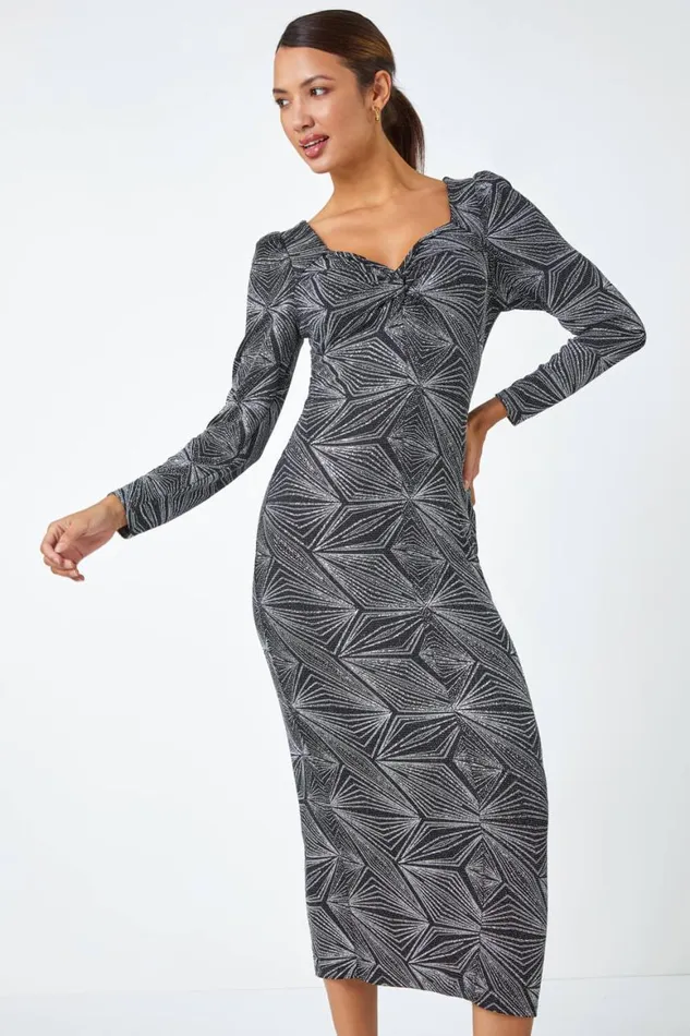 Women Silver Geometric Glitter Print Midi Stretch Dress Roman Dresses