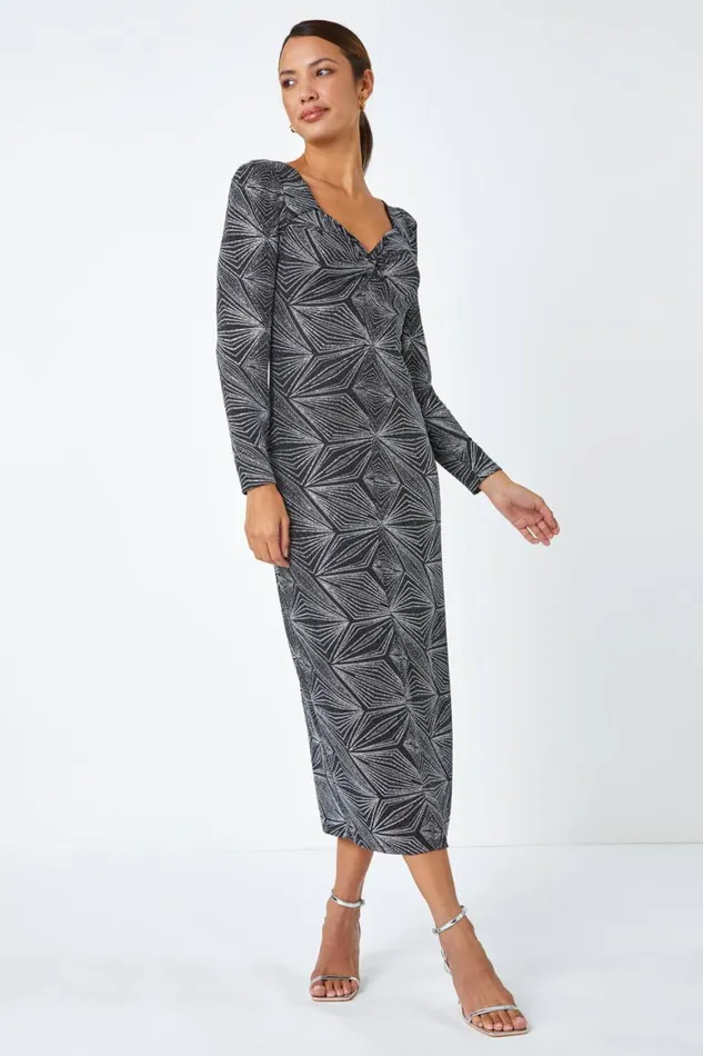 Women Silver Geometric Glitter Print Midi Stretch Dress Roman Dresses