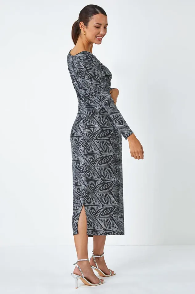 Women Silver Geometric Glitter Print Midi Stretch Dress Roman Dresses