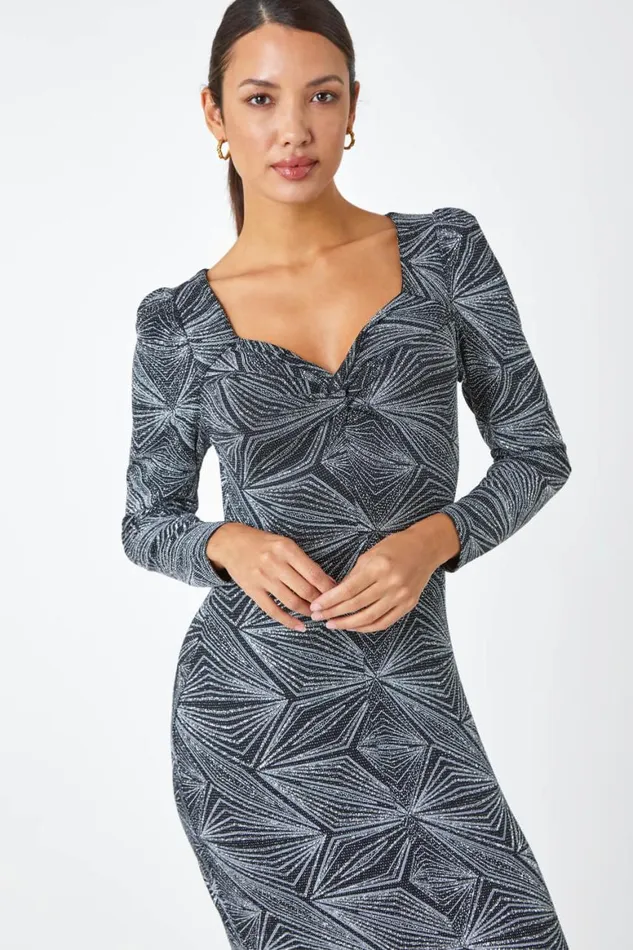 Women Silver Geometric Glitter Print Midi Stretch Dress Roman Dresses