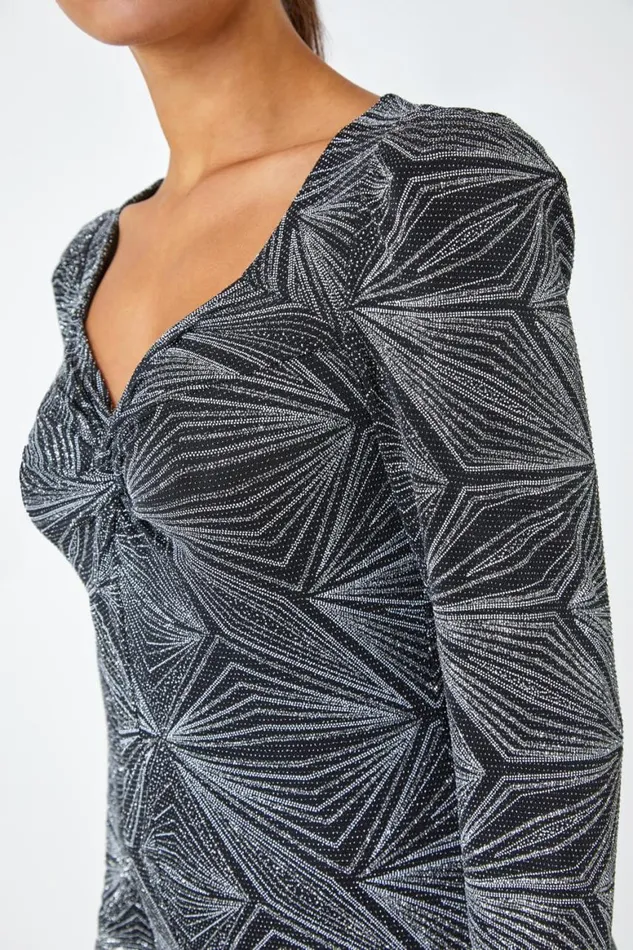Women Silver Geometric Glitter Print Midi Stretch Dress Roman Dresses