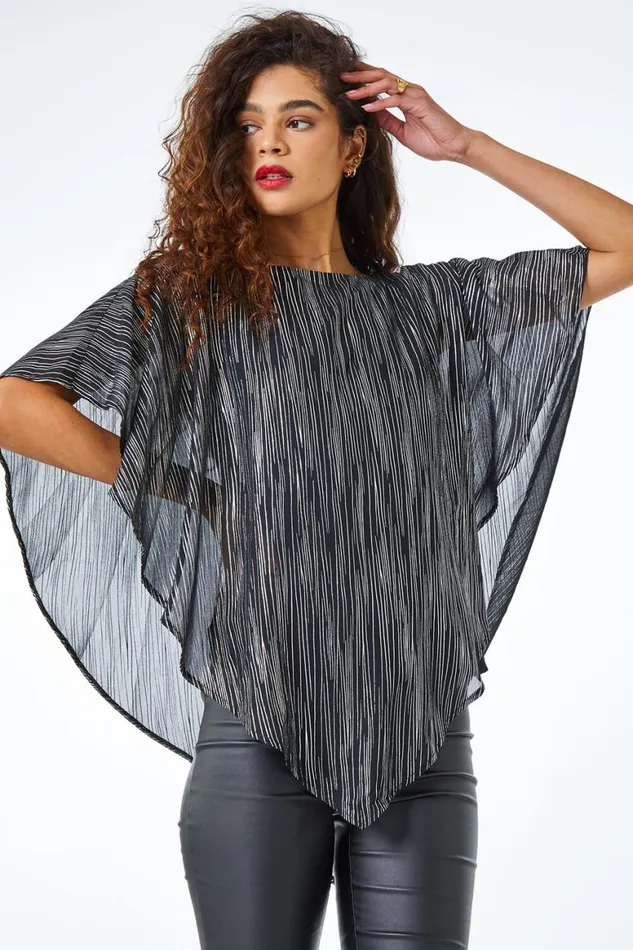 Women Silver Metallic Print Chiffon Overlay Top Roman Tops