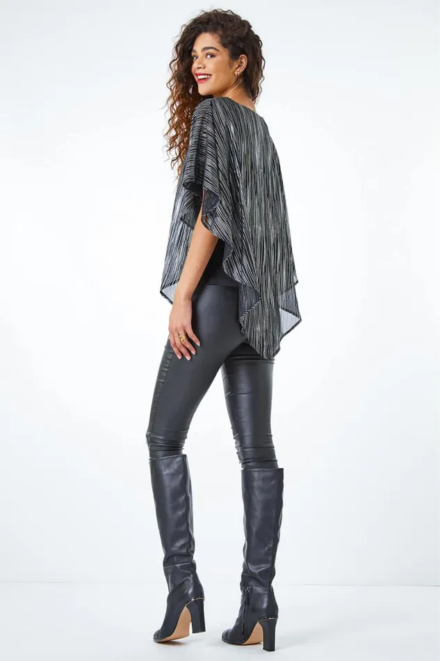 Women Silver Metallic Print Chiffon Overlay Top Roman Tops