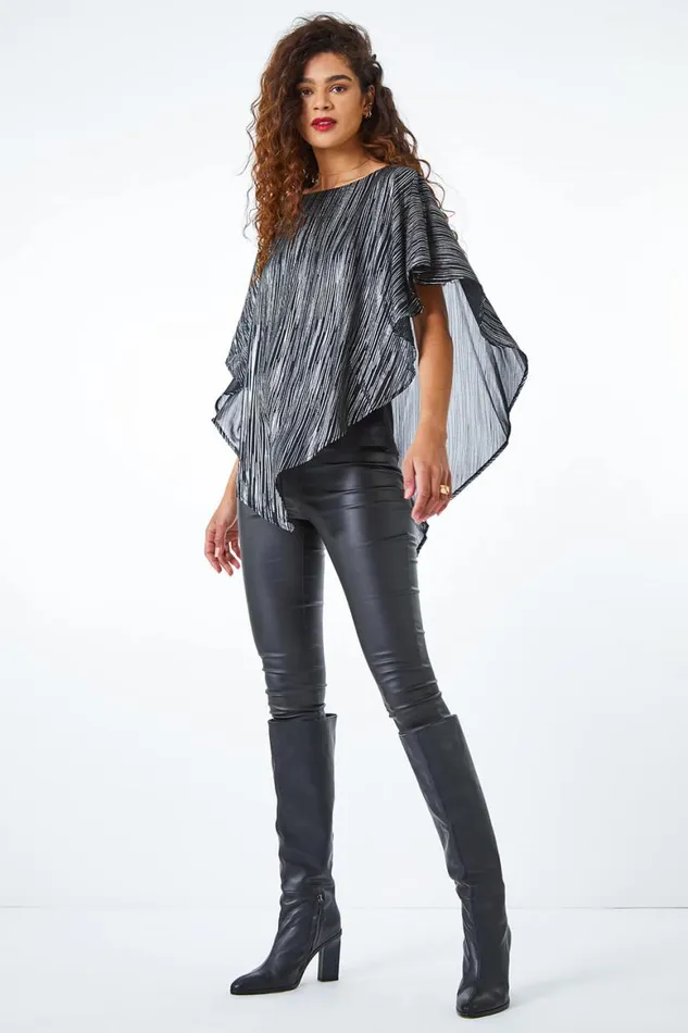 Women Silver Metallic Print Chiffon Overlay Top Roman Tops