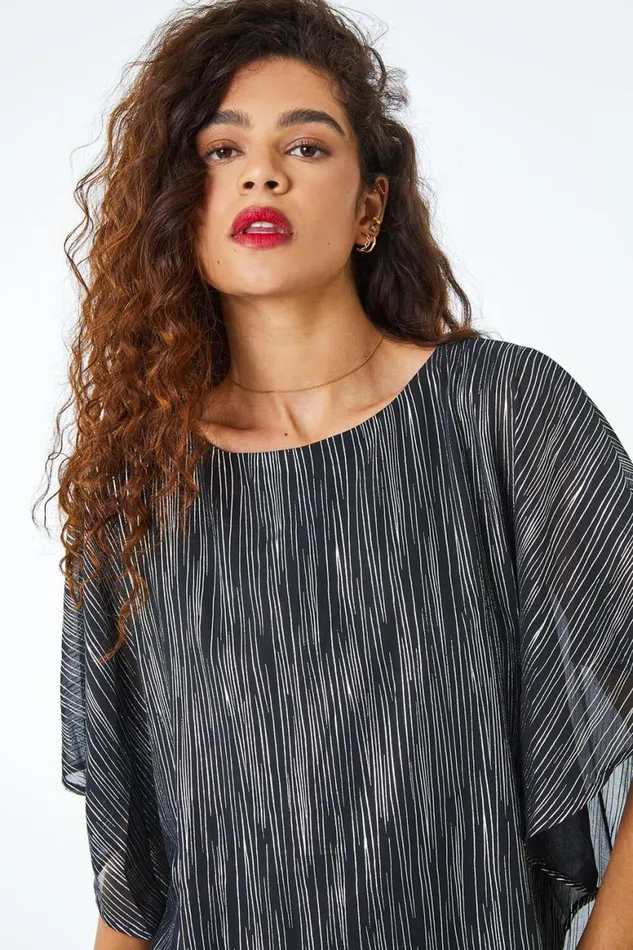 Women Silver Metallic Print Chiffon Overlay Top Roman Tops