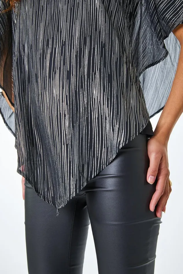 Women Silver Metallic Print Chiffon Overlay Top Roman Tops