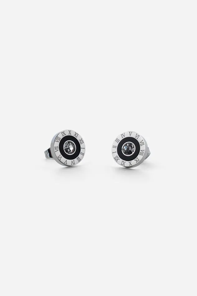Women Silver Stainless Steel Diamante Clock Earrings Roman Jewellery