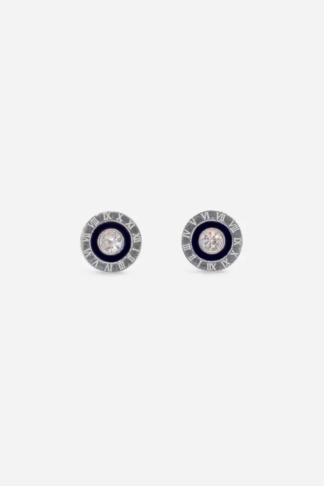 Women Silver Stainless Steel Diamante Clock Earrings Roman Jewellery