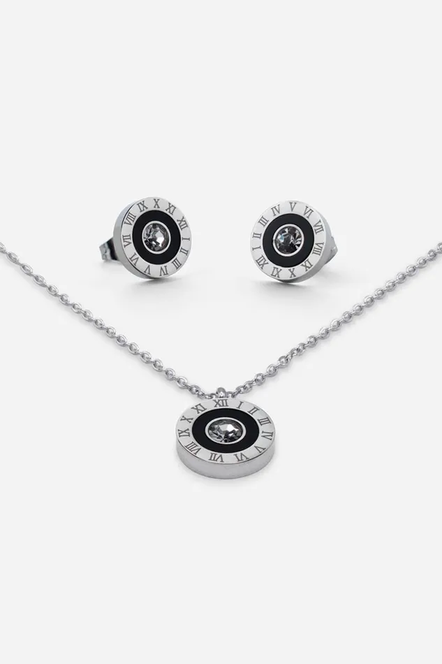 Women Silver Stainless Steel Diamante Clock Pendant And Earring Set Roman Jewellery
