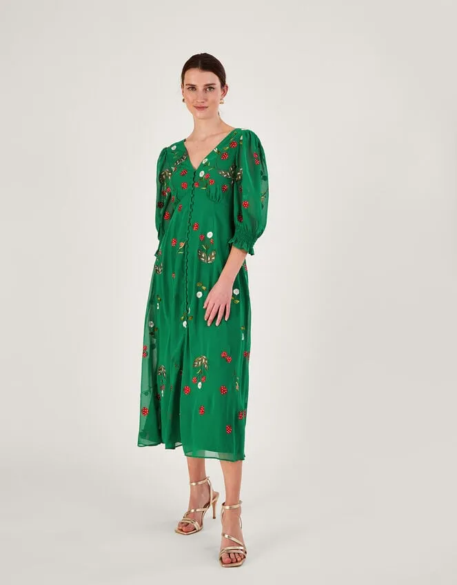 Women Simone Button Through Embroidered Dress In Recycled Polyester Green Monsoon Occasionwear