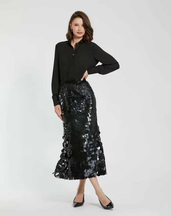 Women Skirts Mac Duggal Paillette Sequin Midi Skirt Black