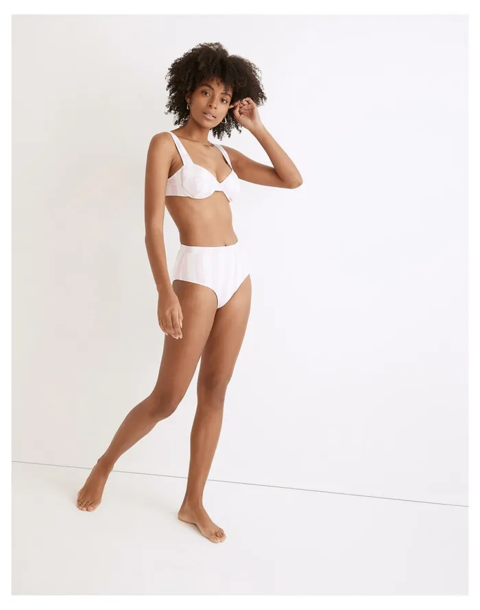 Women Solid and Striped Lilo High Waist Bottom In Cotton Candy Stripe Cotton Candy Madewell Swim