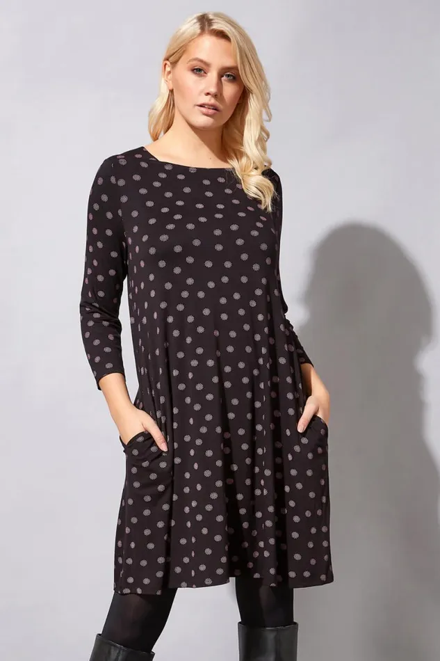 Women Spot Print Pocket Swing Dress Roman Dresses