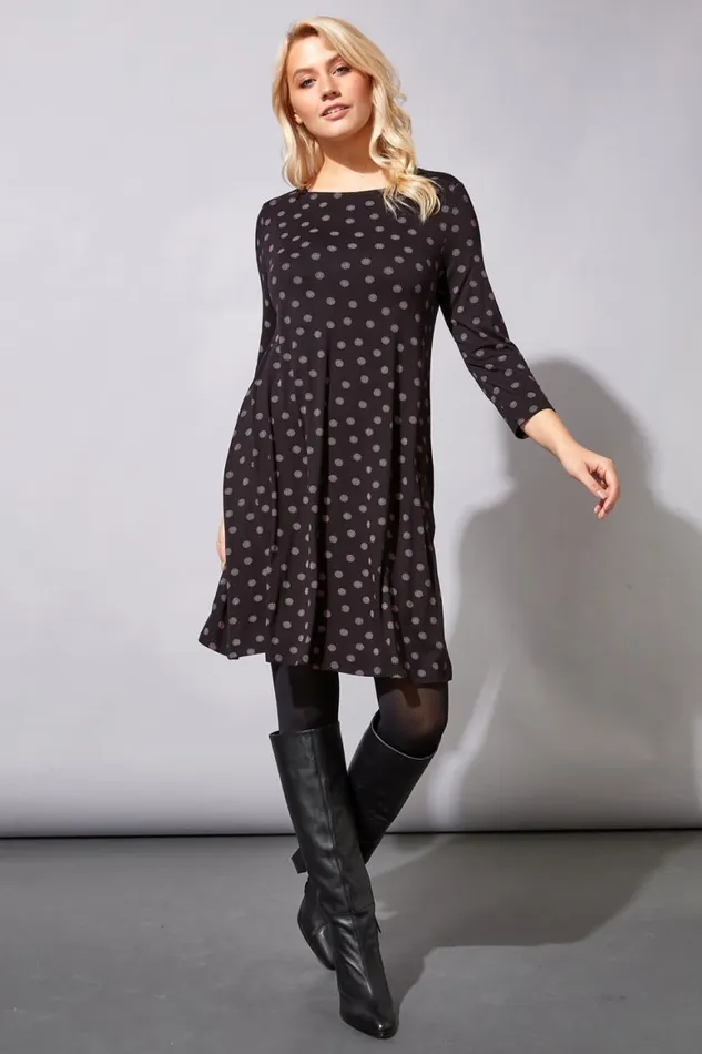 Women Spot Print Pocket Swing Dress Roman Dresses