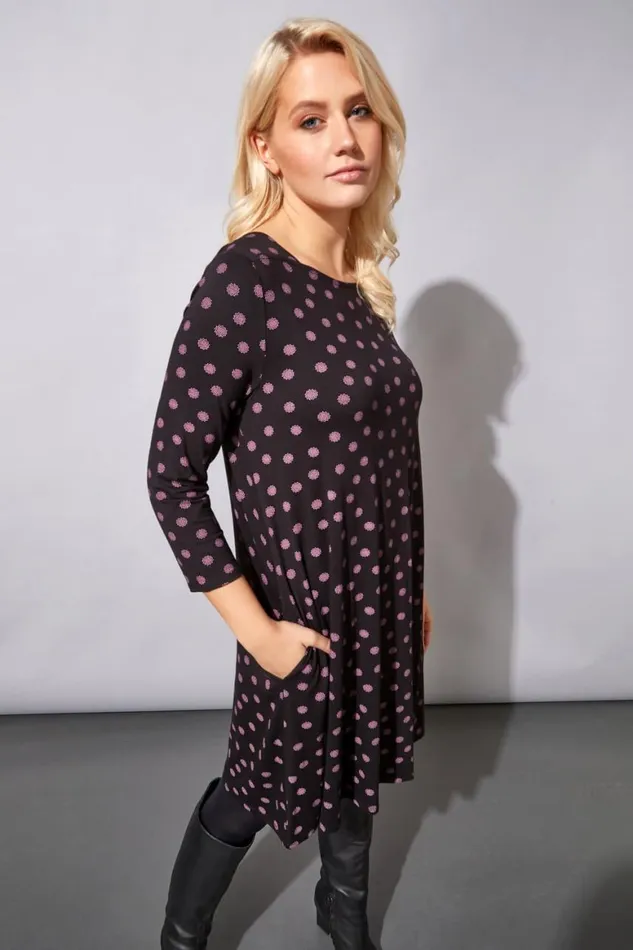 Women Spot Print Pocket Swing Dress Roman Dresses