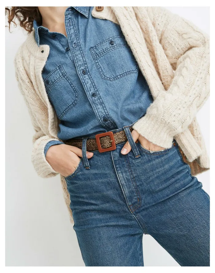 Women Square Buckle Belt In Spotted Calf Hair Toffee Multi Madewell Belts Women Square Buckle Belt In Spotted Calf Hair Toffee Multi Madewell Belts