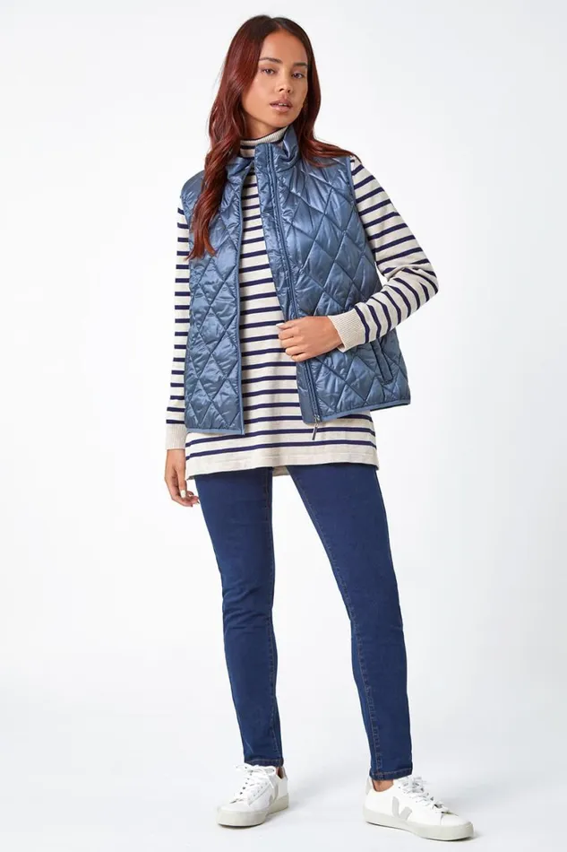 Women Steel Blue Petite Hooded Quilted Gilet Roman Coats