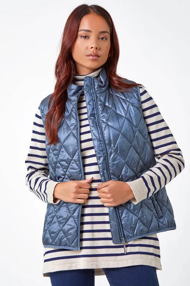 Women Steel Blue Petite Hooded Quilted Gilet Roman Coats