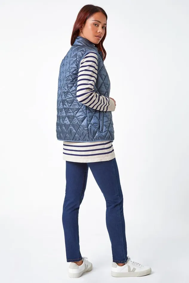Women Steel Blue Petite Hooded Quilted Gilet Roman Coats