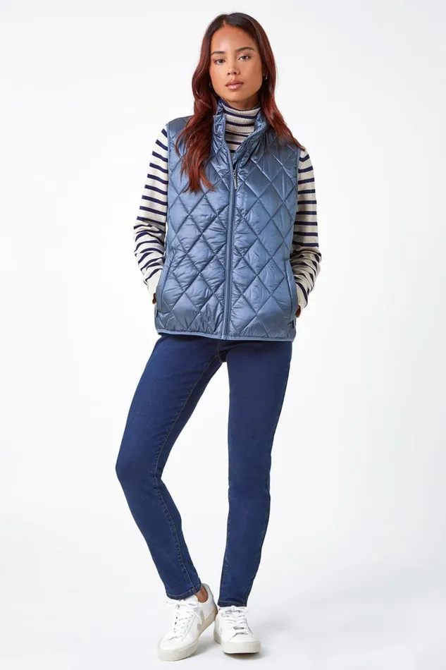 Women Steel Blue Petite Hooded Quilted Gilet Roman Coats