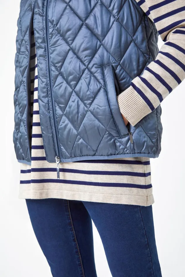 Women Steel Blue Petite Hooded Quilted Gilet Roman Coats