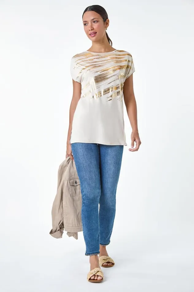 Women Stone Foil Print Stretch Jersey TShirt Roman Tops