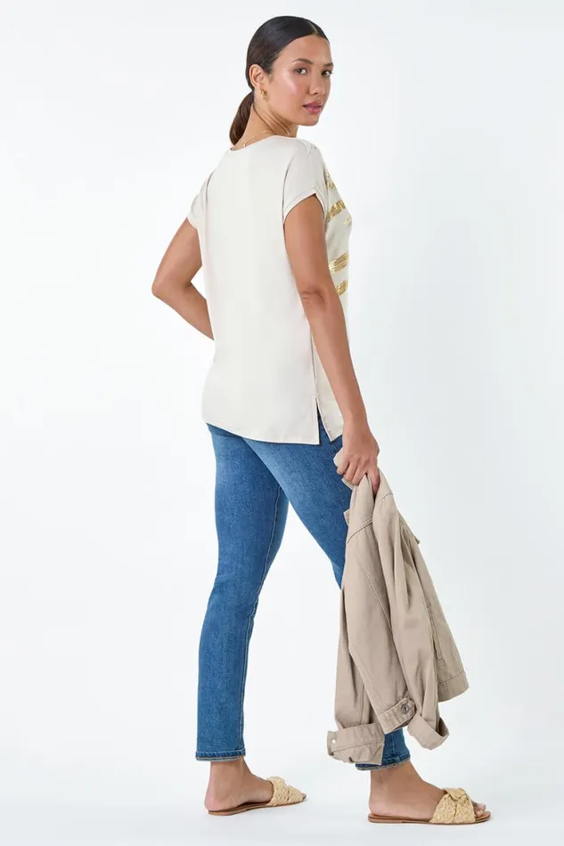 Women Stone Foil Print Stretch Jersey TShirt Roman Tops