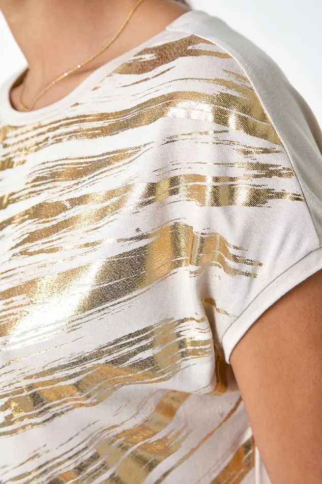 Women Stone Foil Print Stretch Jersey TShirt Roman Tops