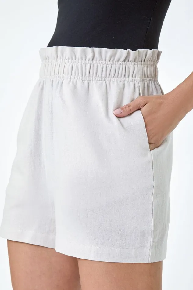 Women Stone Linen Blend Elastic Waist Pocket Shorts Roman Shorts