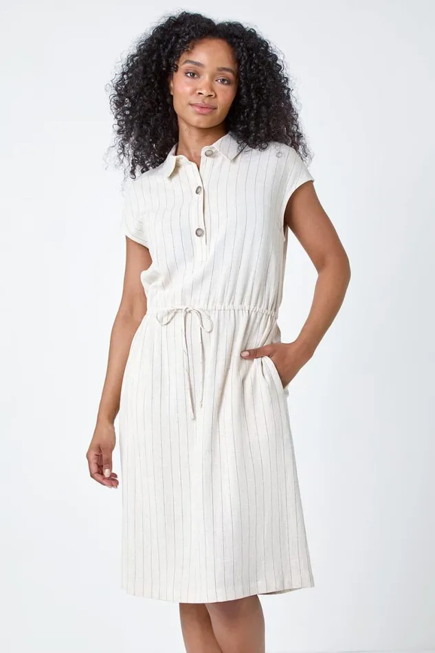 Women Stone Petite Stripe Linen Shirt Dress Roman Dresses