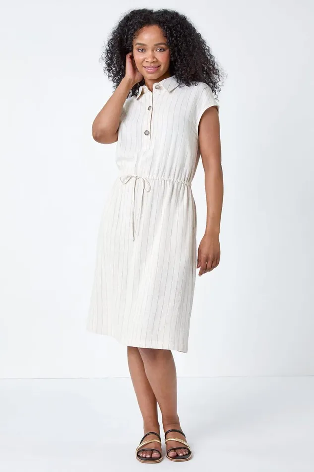 Women Stone Petite Stripe Linen Shirt Dress Roman Dresses