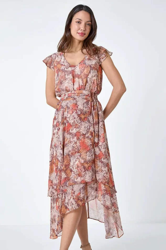 Women Stone Snake Print Tiered Midi Dress Roman Dresses
