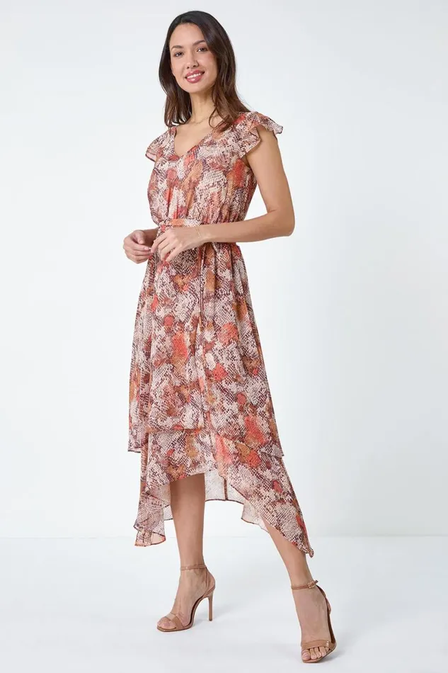 Women Stone Snake Print Tiered Midi Dress Roman Dresses