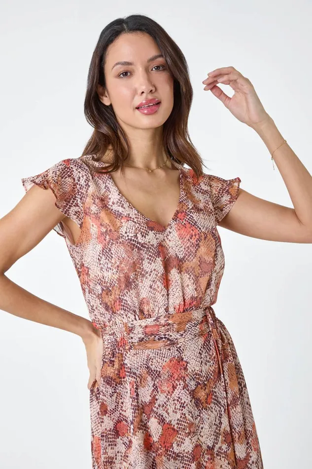Women Stone Snake Print Tiered Midi Dress Roman Dresses