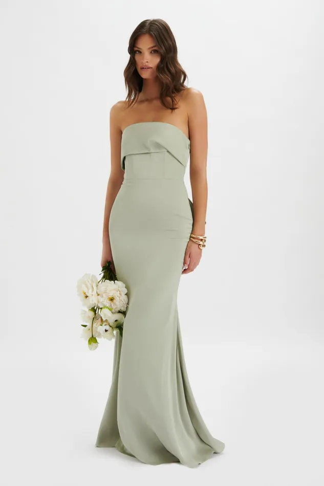Women Strapless and Bandeau Dresses Lavish Alice JOVIE Bow Detail Bandeau Satin Maxi Dress In Sage Green Sage Green