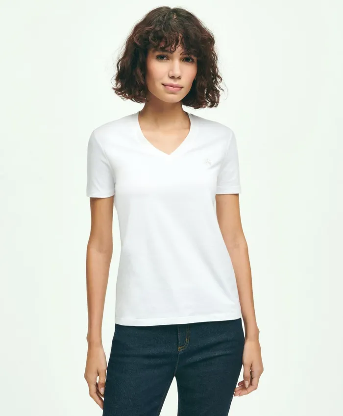 Women Stretch Cotton VNeck TShirt White Brooks Brothers Blouses and Shirts