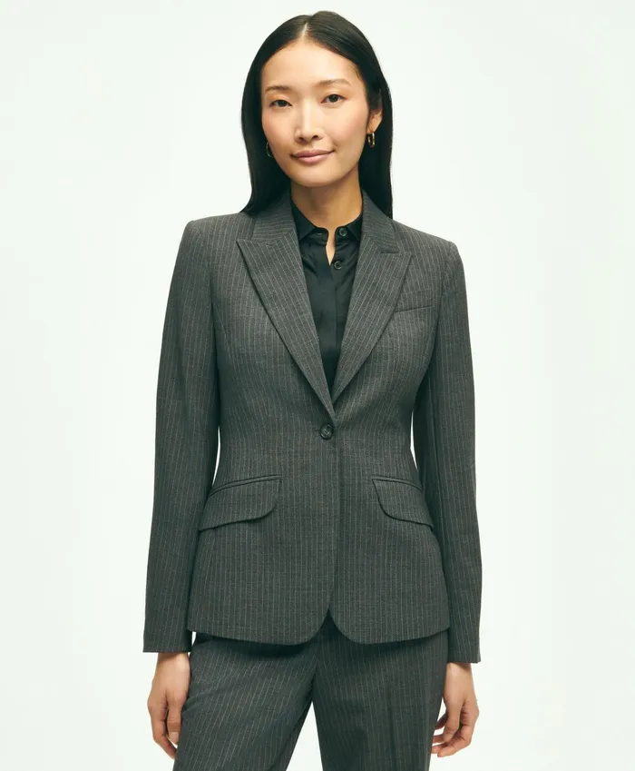 Women Stretch Wool Pinstripe Jacket Grey Brooks Brothers Blazers