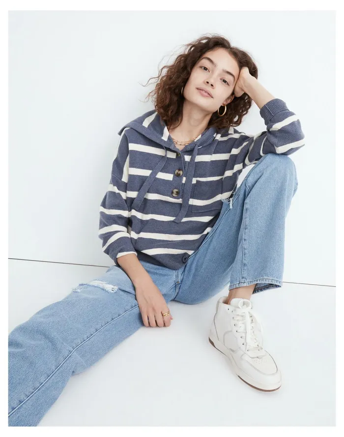 Women Striped Olney Henley Hoodie Sweater Sunfaded Indigo Madewell Sweaters