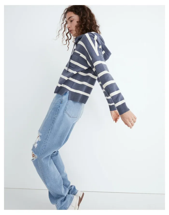 Women Striped Olney Henley Hoodie Sweater Sunfaded Indigo Madewell Sweaters Women Striped Olney Henley Hoodie Sweater Sunfaded Indigo Madewell Sweaters
