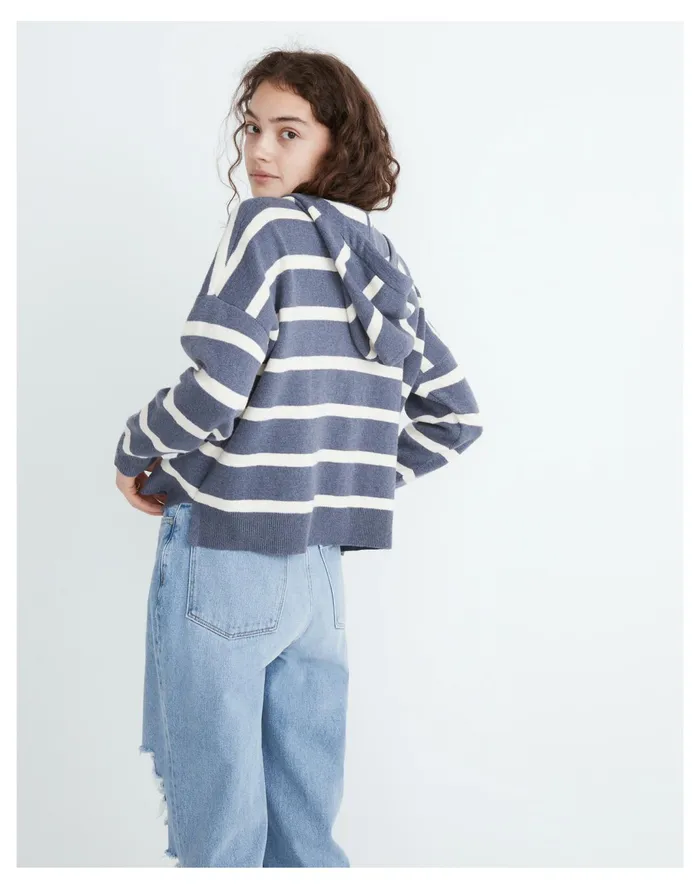 Women Striped Olney Henley Hoodie Sweater Sunfaded Indigo Madewell Sweaters Women Striped Olney Henley Hoodie Sweater Sunfaded Indigo Madewell Sweaters