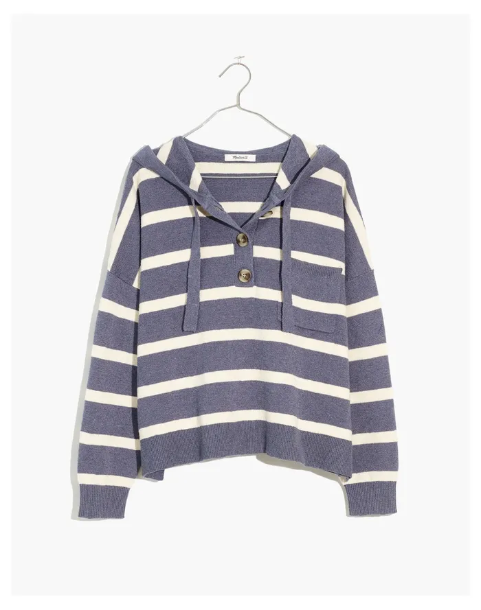 Women Striped Olney Henley Hoodie Sweater Sunfaded Indigo Madewell Sweaters Women Striped Olney Henley Hoodie Sweater Sunfaded Indigo Madewell Sweaters
