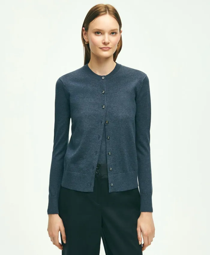 Women Supima Cotton Cardigan Dark Blue Heather Brooks Brothers Sweaters