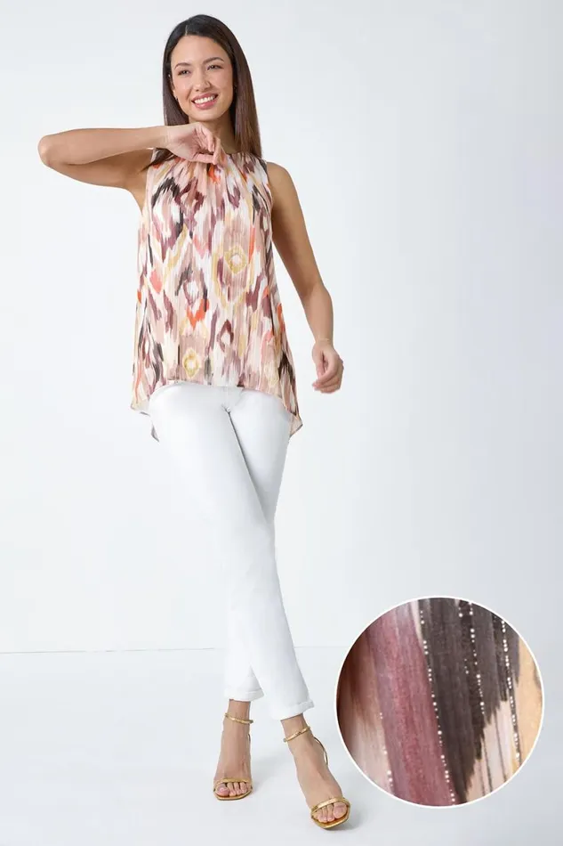 Women Tan Aztec Print Shimmer Vest Top Roman Tops