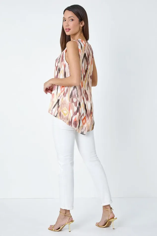 Women Tan Aztec Print Shimmer Vest Top Roman Tops