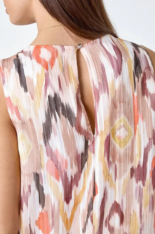Women Tan Aztec Print Shimmer Vest Top Roman Tops