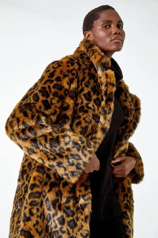 Women Tan Premium Animal Print Faux Fur Coat Roman Coats