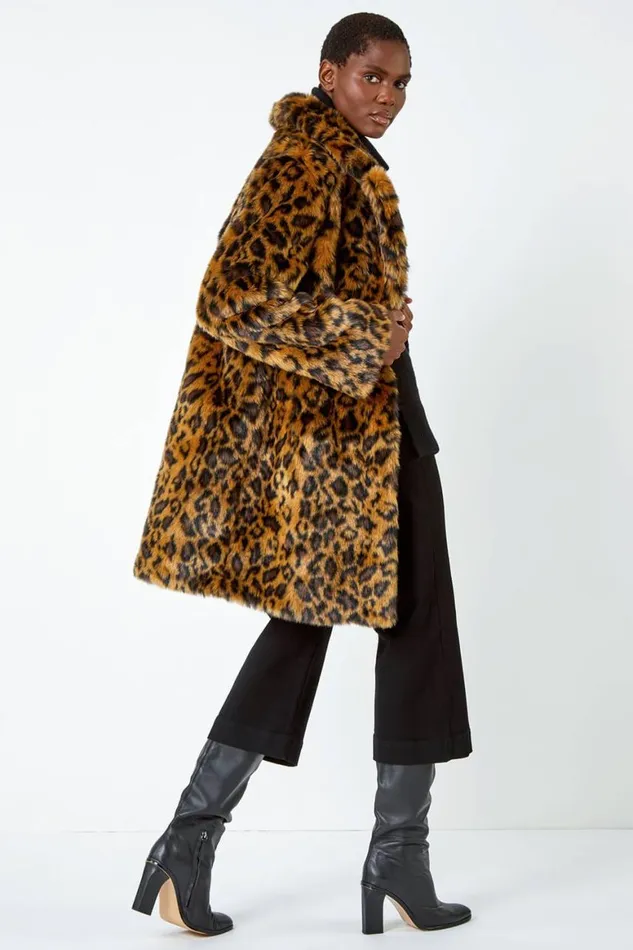 Women Tan Premium Animal Print Faux Fur Coat Roman Coats