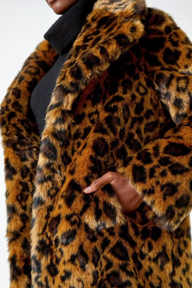 Women Tan Premium Animal Print Faux Fur Coat Roman Coats